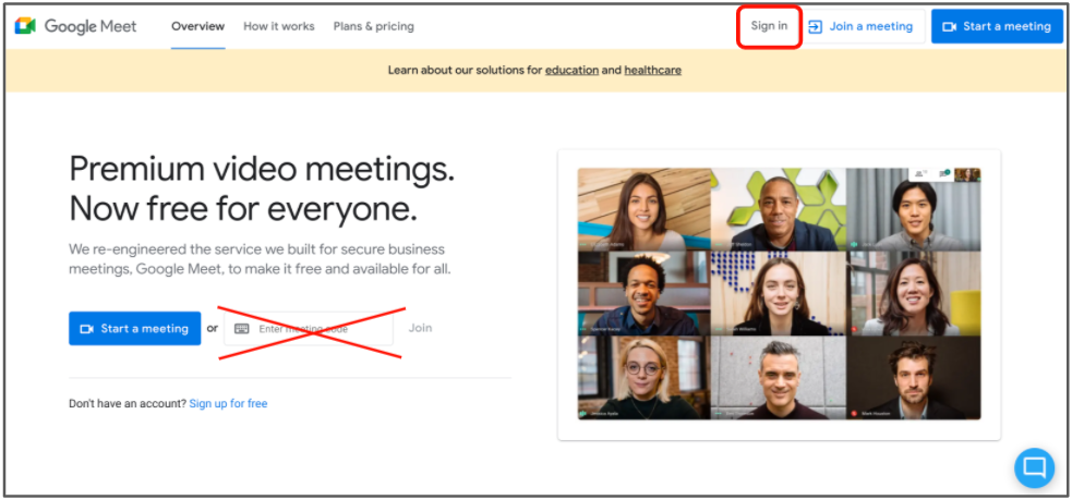 google meet sign in to account window
