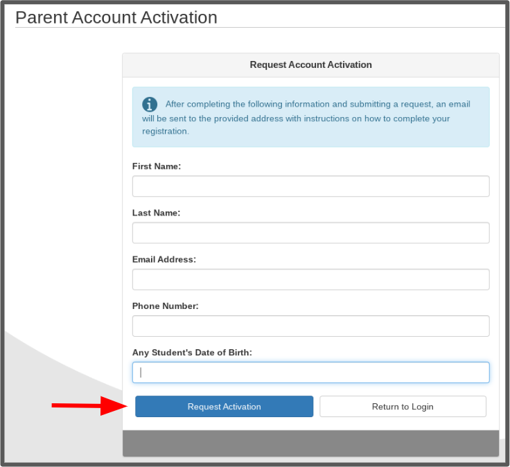 enter info and request activation button