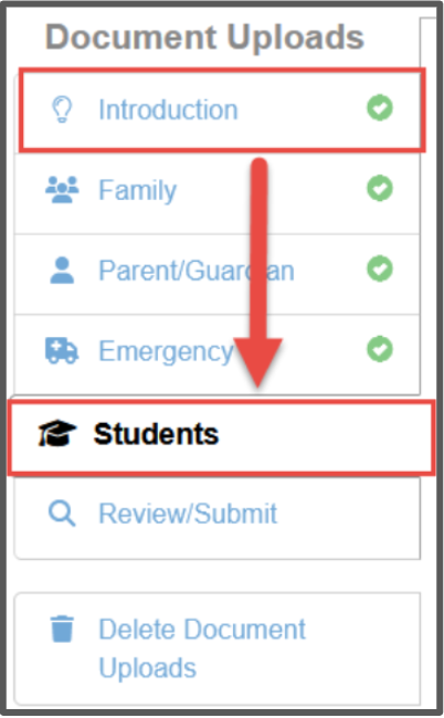 document uploads student menu selection