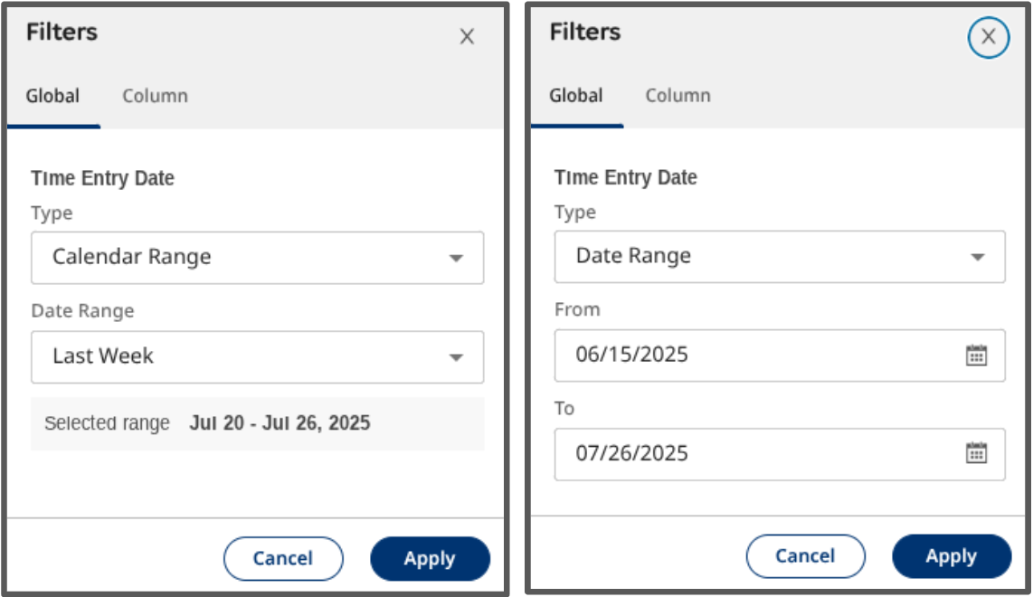 select calendar or date range filter