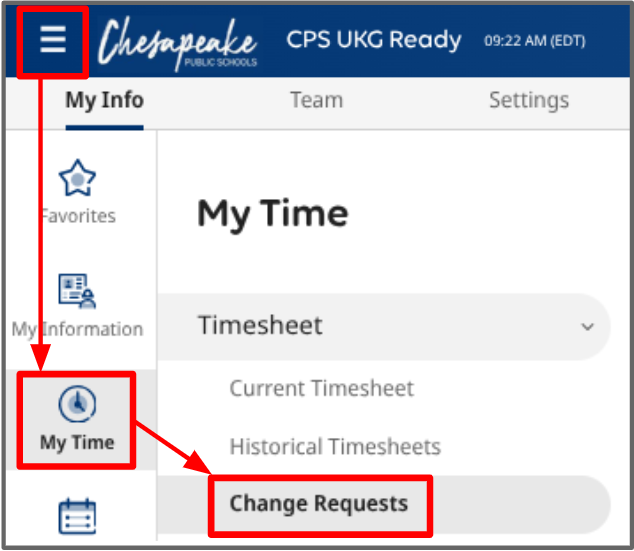 timesheet change request main menu