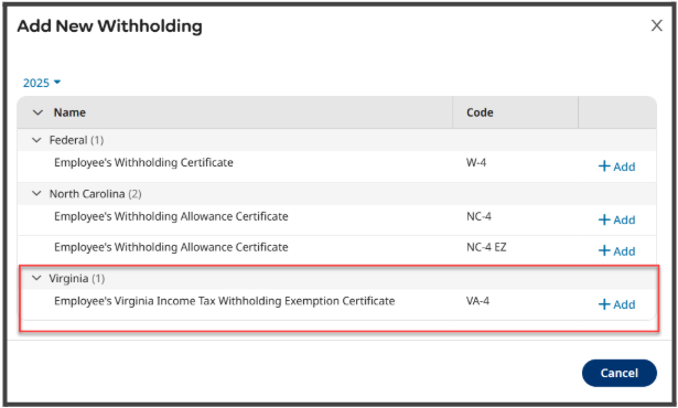 add new withholding screen