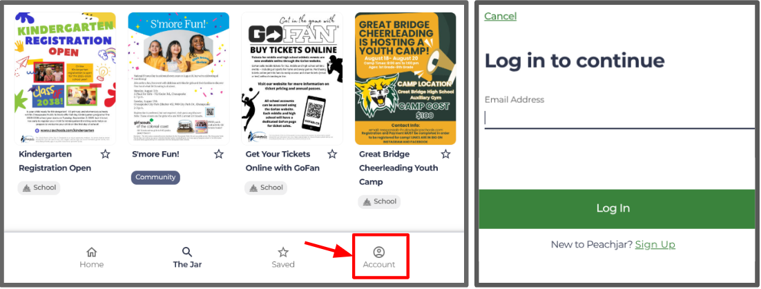 account button to log in