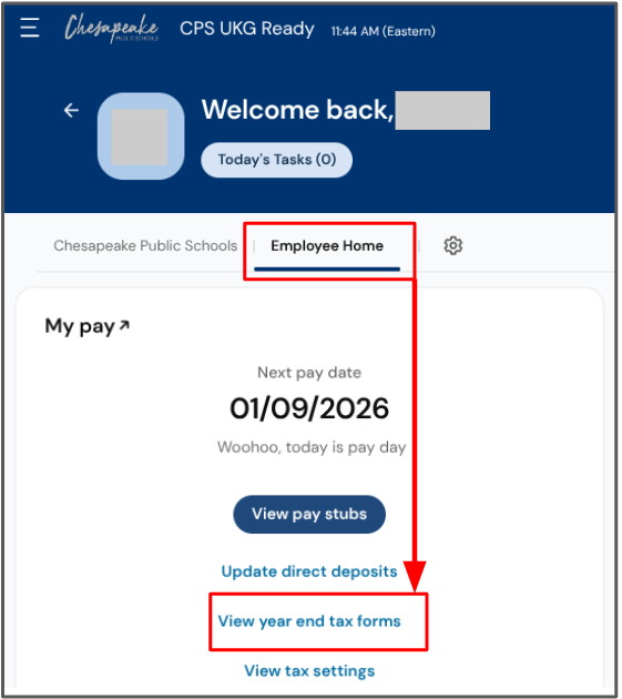 Employee Home tab, View year end tax forms