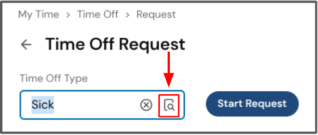 time off type icon, start request button