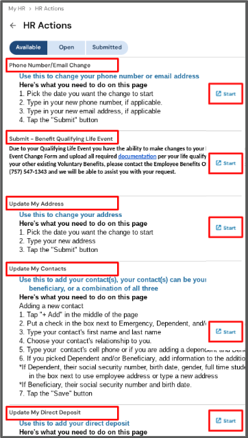 HR Actions list, start buttons