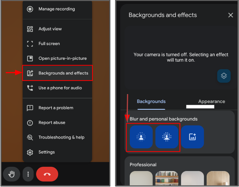 settings menu, background and effects blur