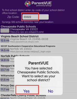 confirm selecting Chesapeake Public Schools