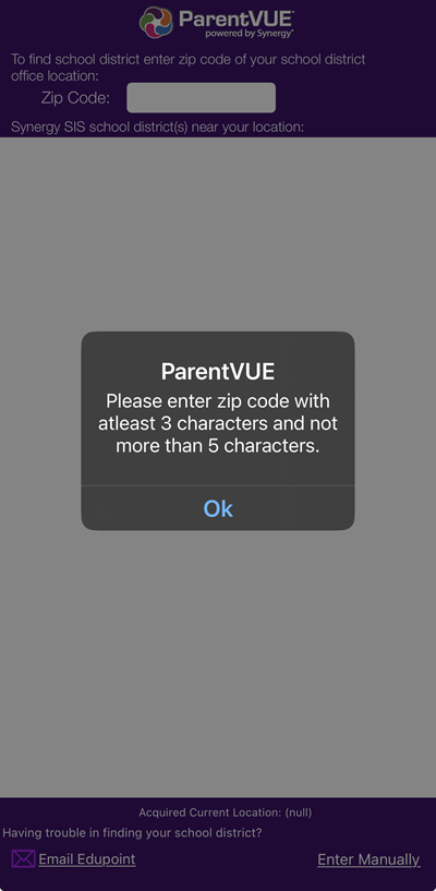 zip code message screen