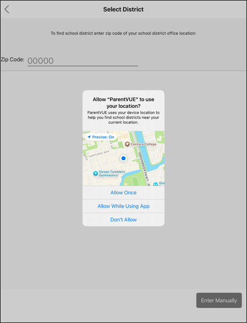 select district screen, enable location