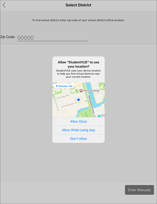 select district screen, enable location