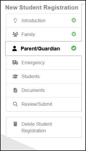 Registration menu options