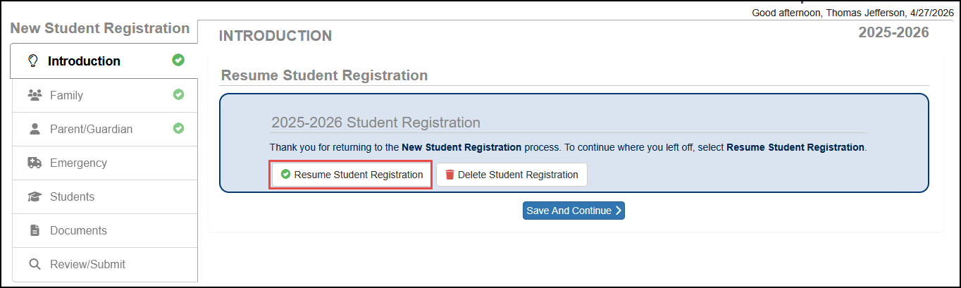 Resume registration button