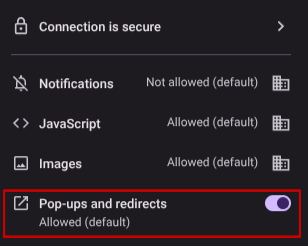 Toggle On Pop ups and redirects