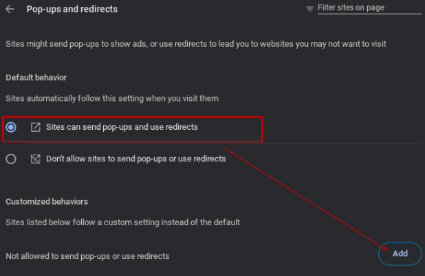 Enable Sites to send Pop-ups or add the site 