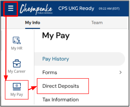 My Pay > Direct Deposits menu selection