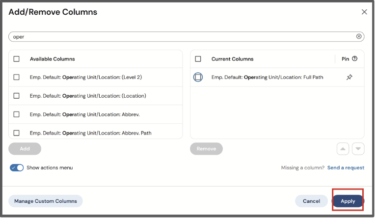 add/remove columns screen