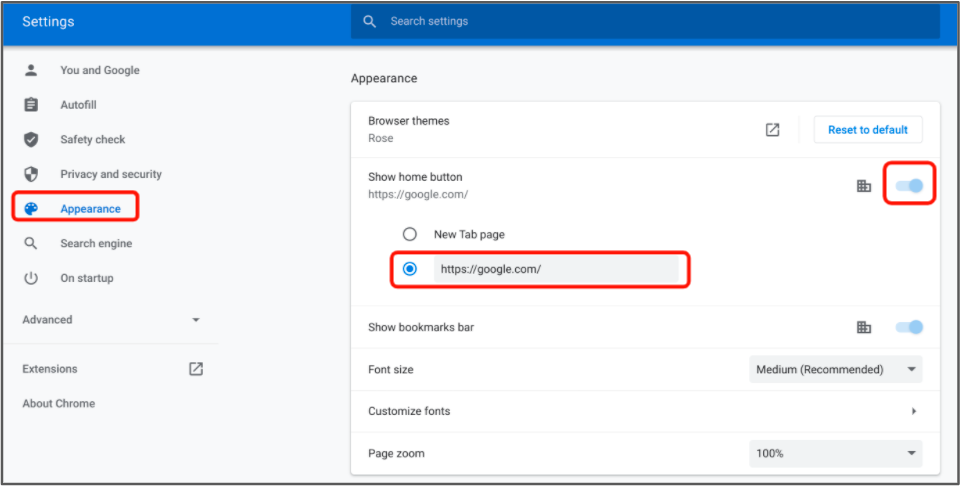appearance settings window