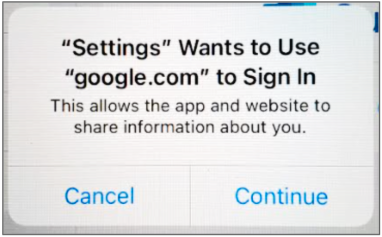 message window states Settings wants to use google.com to sign in. this allows the app and website to share information about you