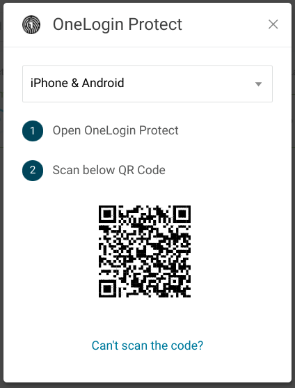 QR code window says select iphone & android, open onelogin protect, and scan below Q R code