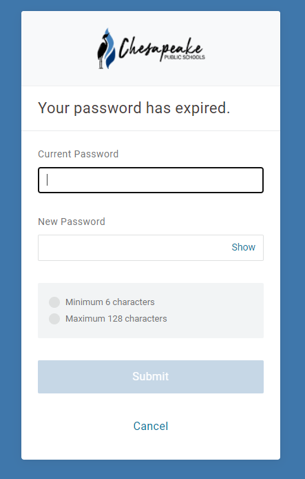 password expired reset screen