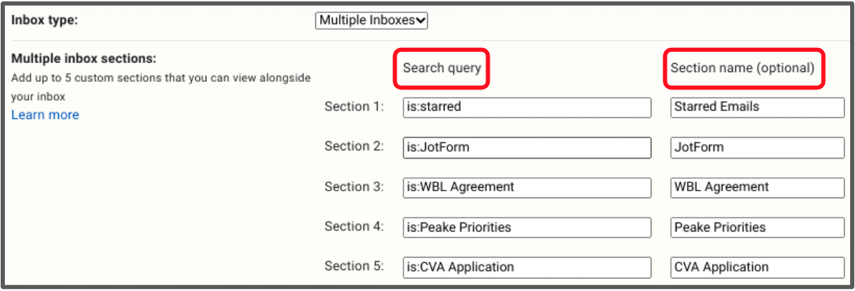 multiple inbox search query setup
