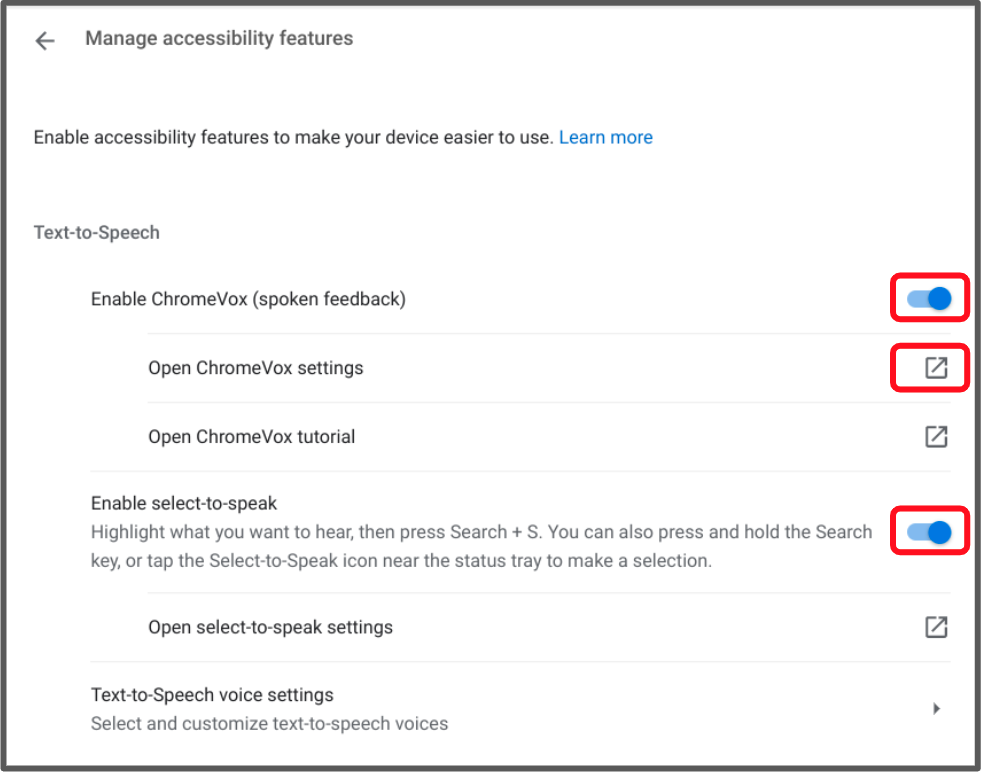 enable chromevox and select to speak options window